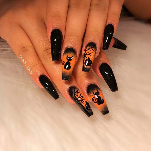 A Scary Cat Under a Tree Halloween Nails #nails #Halloween nails #trendypins