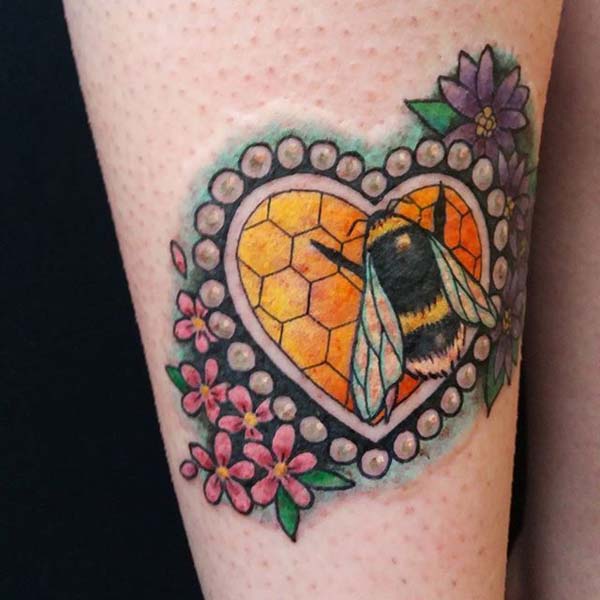 Bee Tattoo in a Heart-Shaped Full of Colors #bee tattoos #tattoo #beauty #trendypins 