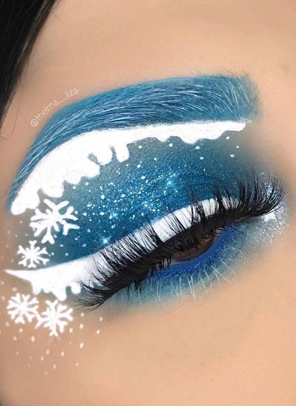 Sombras de ojos y copos de nieve en blanco como la nieve y azul #Navidad #maquillaje #belleza #trendypins