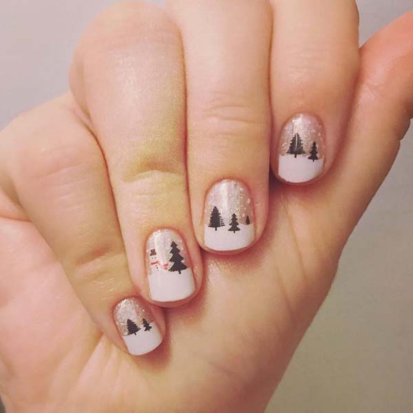 Trees and a Snowman on White French Manicure #Christmas #nails #trendypins