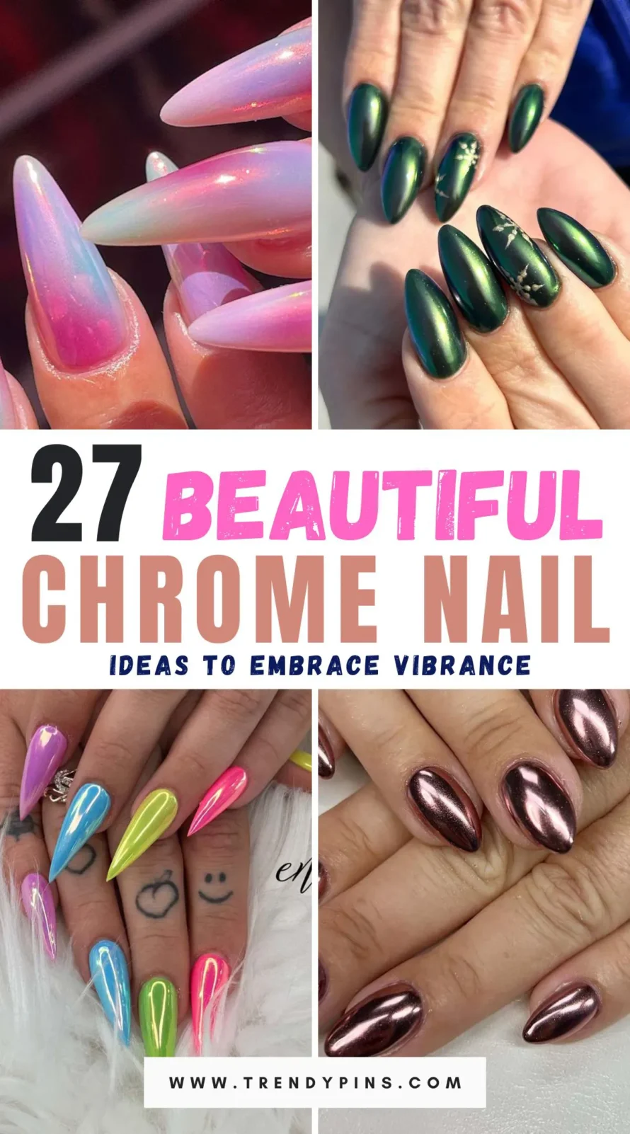 Discover 27 stunning and vibrant chrome nail ideas to elevate your manicure. Get inspired with bold colors and eye-catching designs perfect for any occasion!