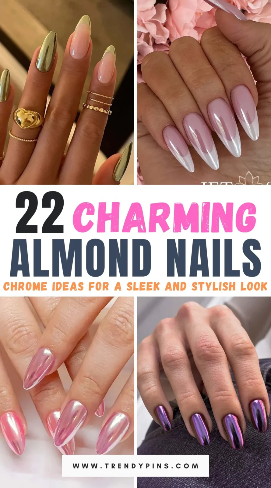 Elevate your manicure game with 22 charming almond nails chrome ideas for a glamorous look. Discover stunning designs that blend the sleek elegance of almond-shaped nails with the dazzling shine of chrome finishes. From holographic hues to metallic accents, find inspiration to make your nails the ultimate statement accessory for any occasion.