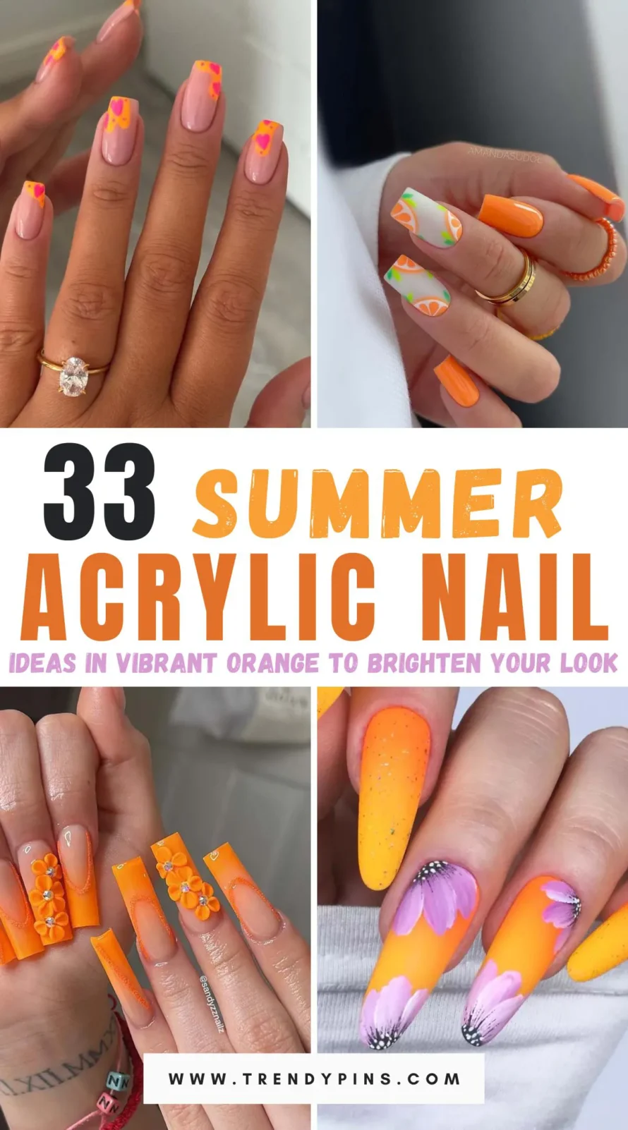 Elevate your summer style with 33 beautiful acrylic nail ideas in vibrant orange. From bold, solid hues to intricate patterns and playful designs, discover how to make a statement with this eye-catching color. Explore creative options featuring glitter, ombre effects, and tropical themes to keep your manicure fresh, fun, and perfect for the sunny season.