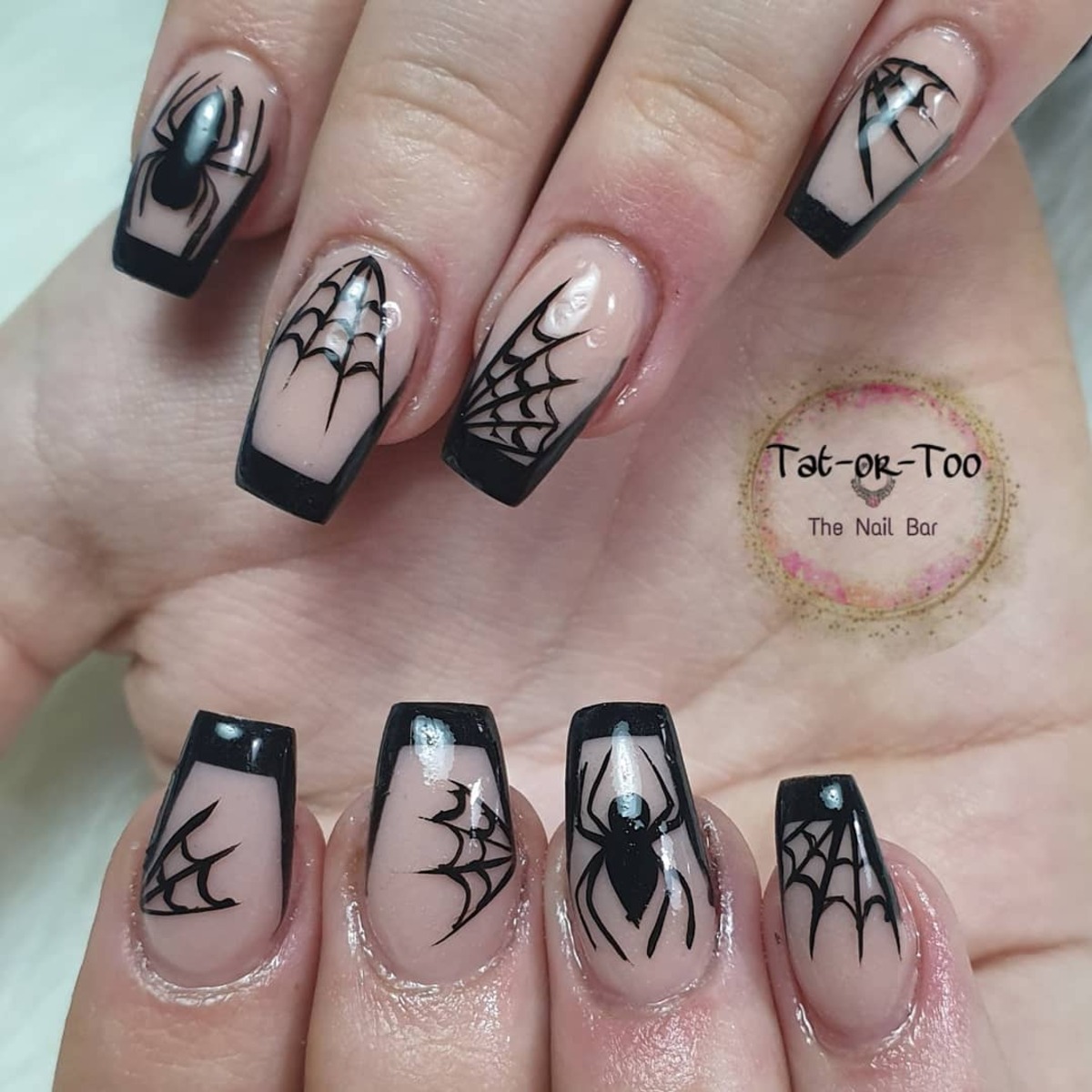 29. French Tip with Spiderwebs and Spiders