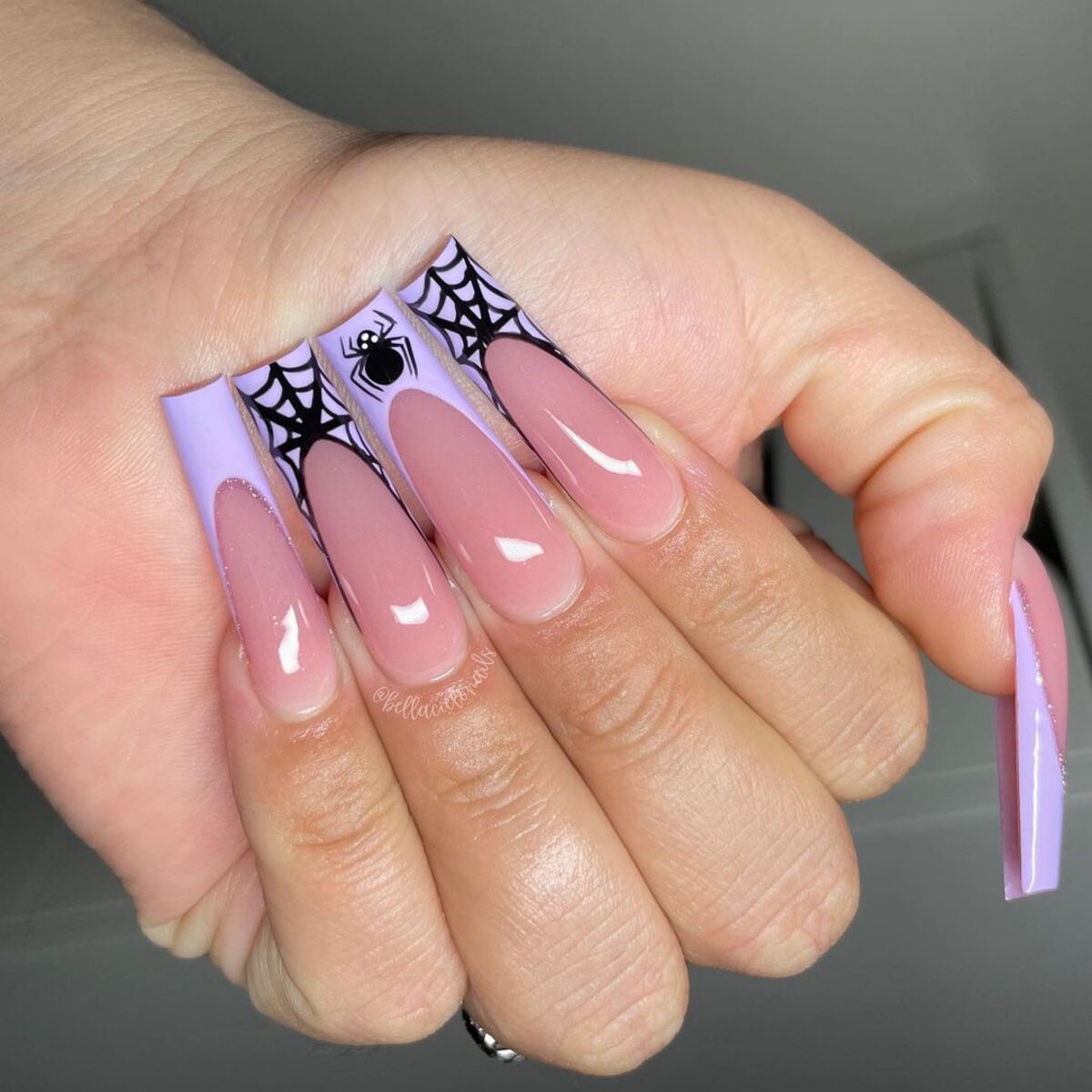 5. Lavender Coffin Nails with Spiderweb Art