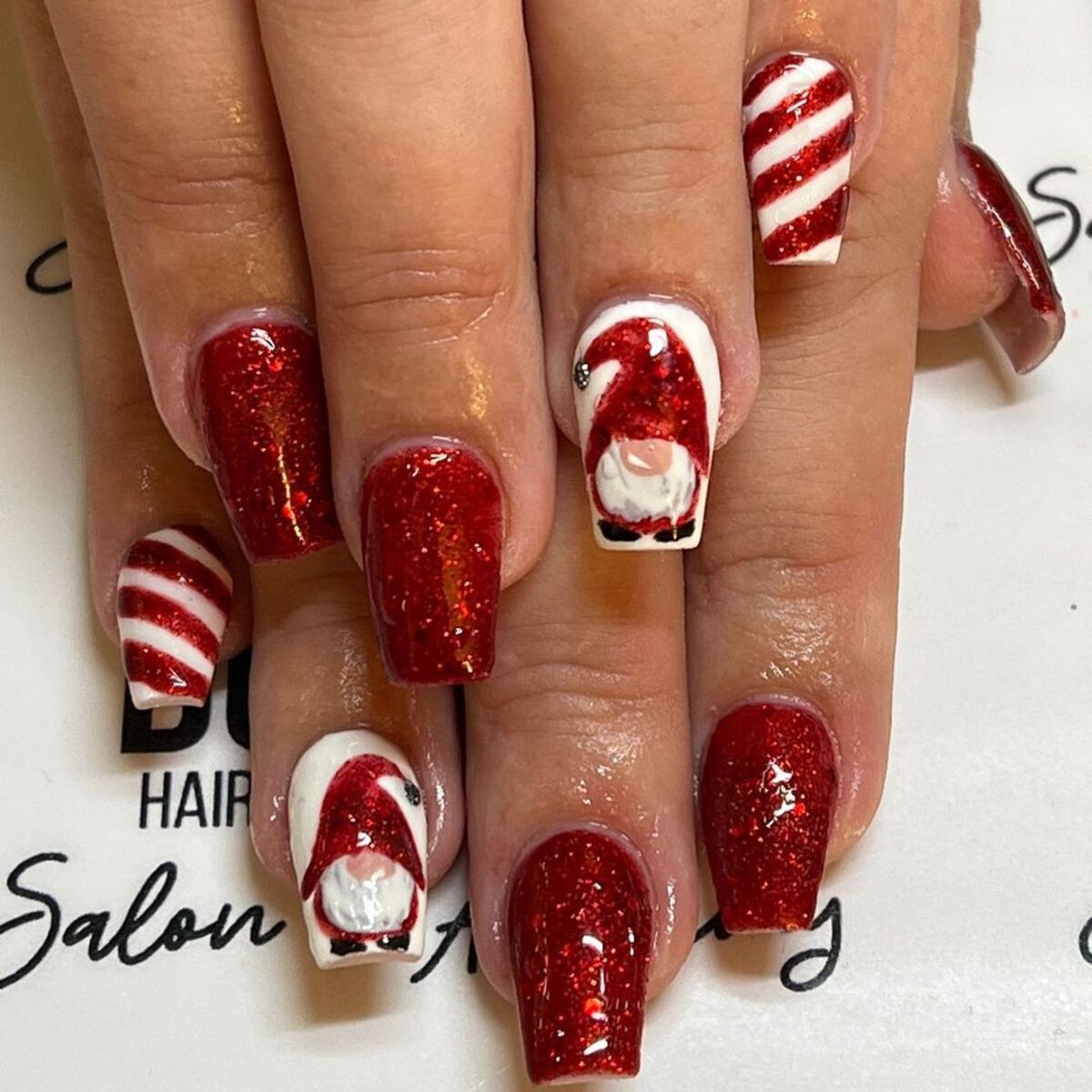 20. Glittering Red and White Santa Nails