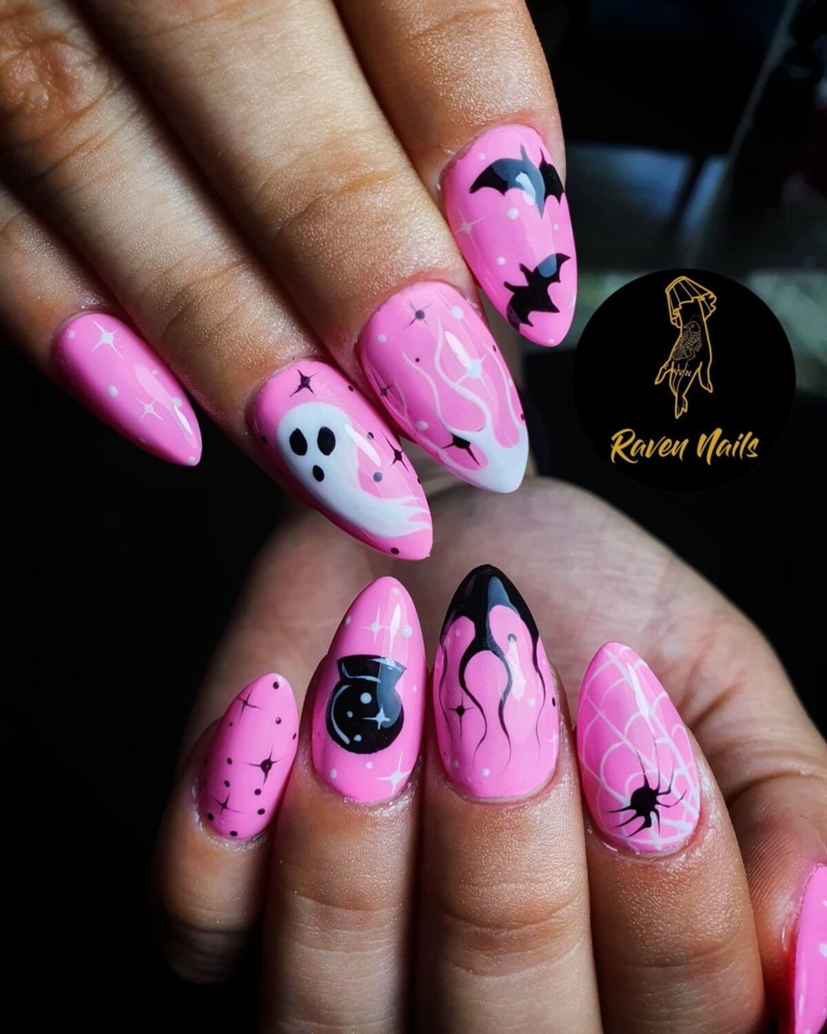 11. Spooky Meets Glam Pink Nails