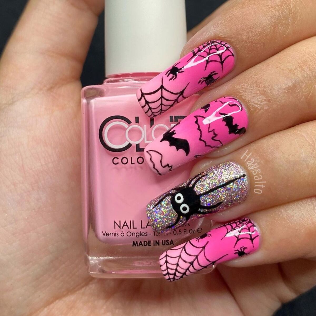 14. Sparkling Spider and Bat Nail Art