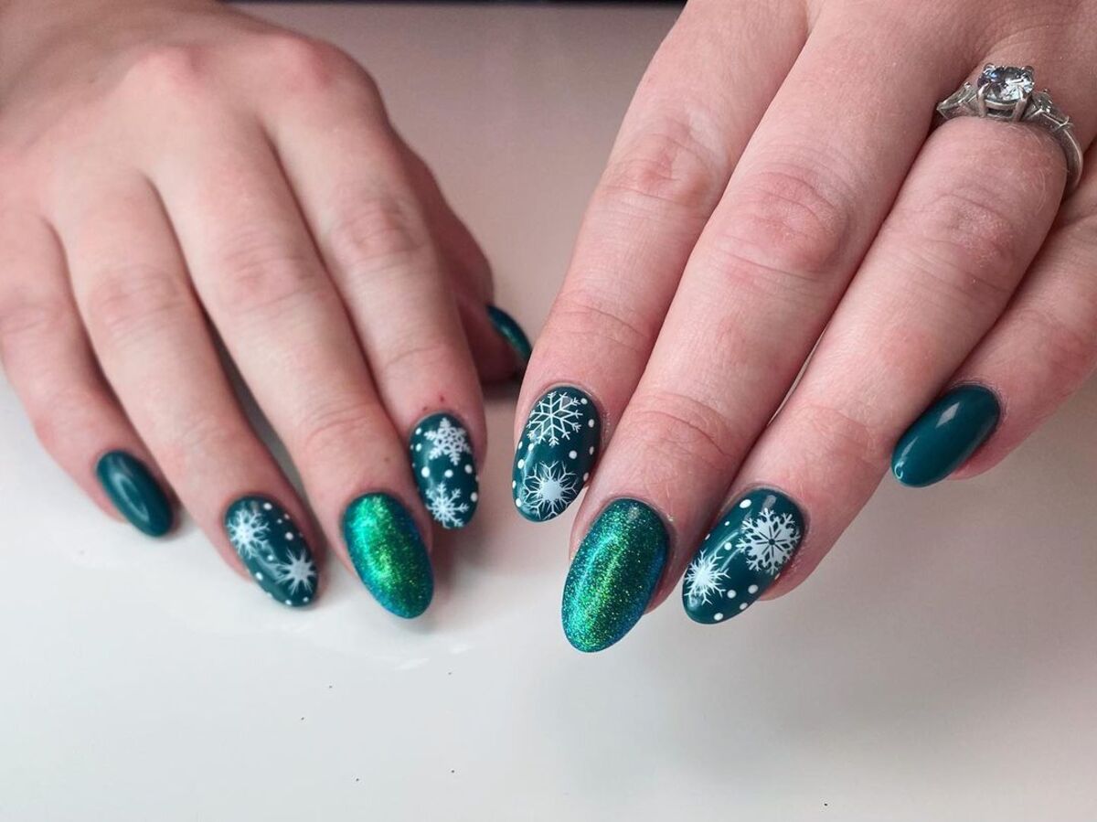 14. Sparkling Snowflakes on Emerald Green