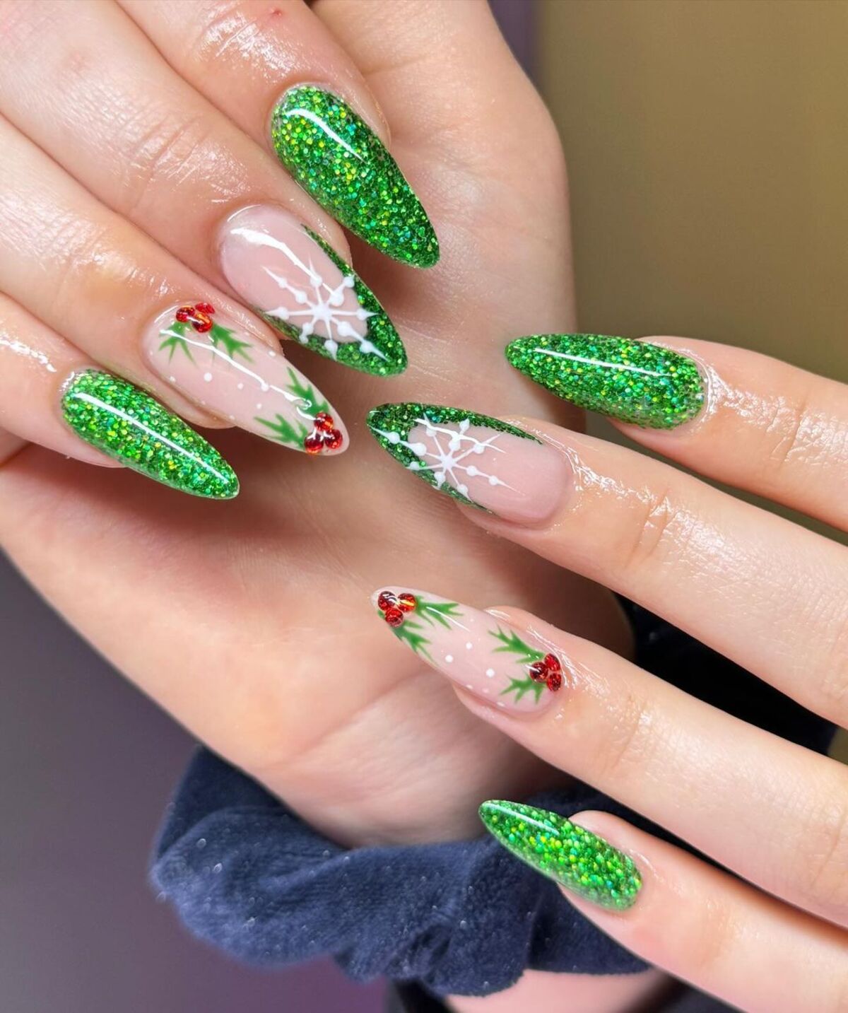 18. Bright Green Glitter and Holly Accents