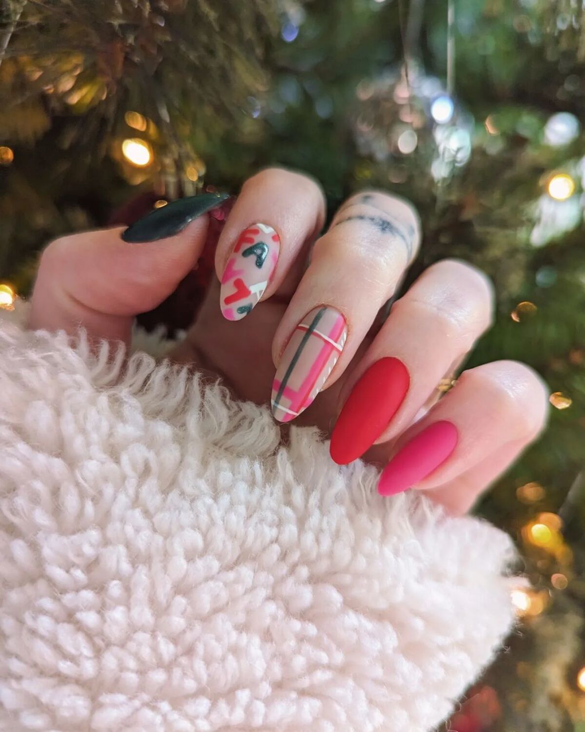 2. Cozy Christmas Plaid and Script Nails