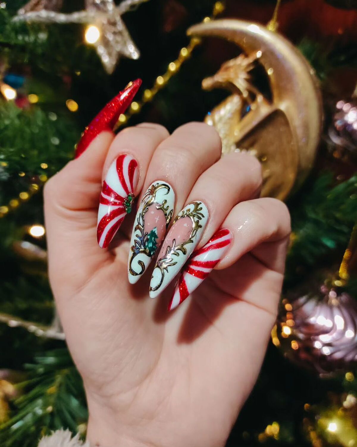 3. Peppermint Swirl and Filigree Accent Nails