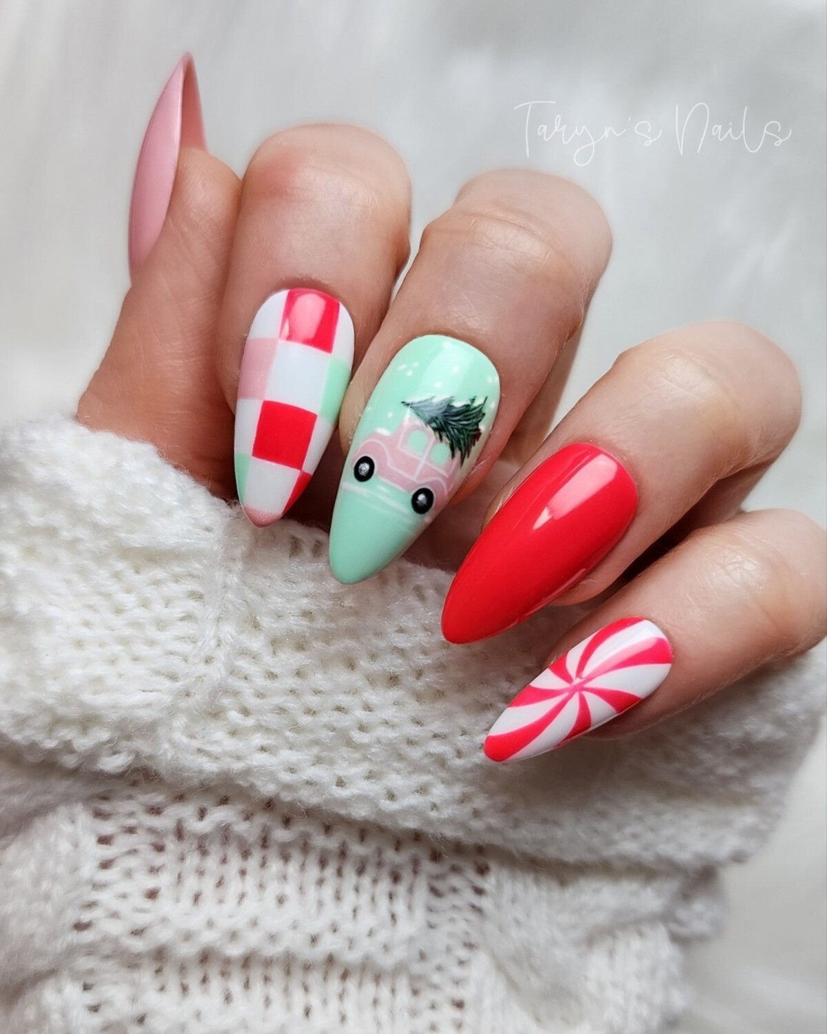 7. Whimsical Christmas Truck and Peppermint Nails