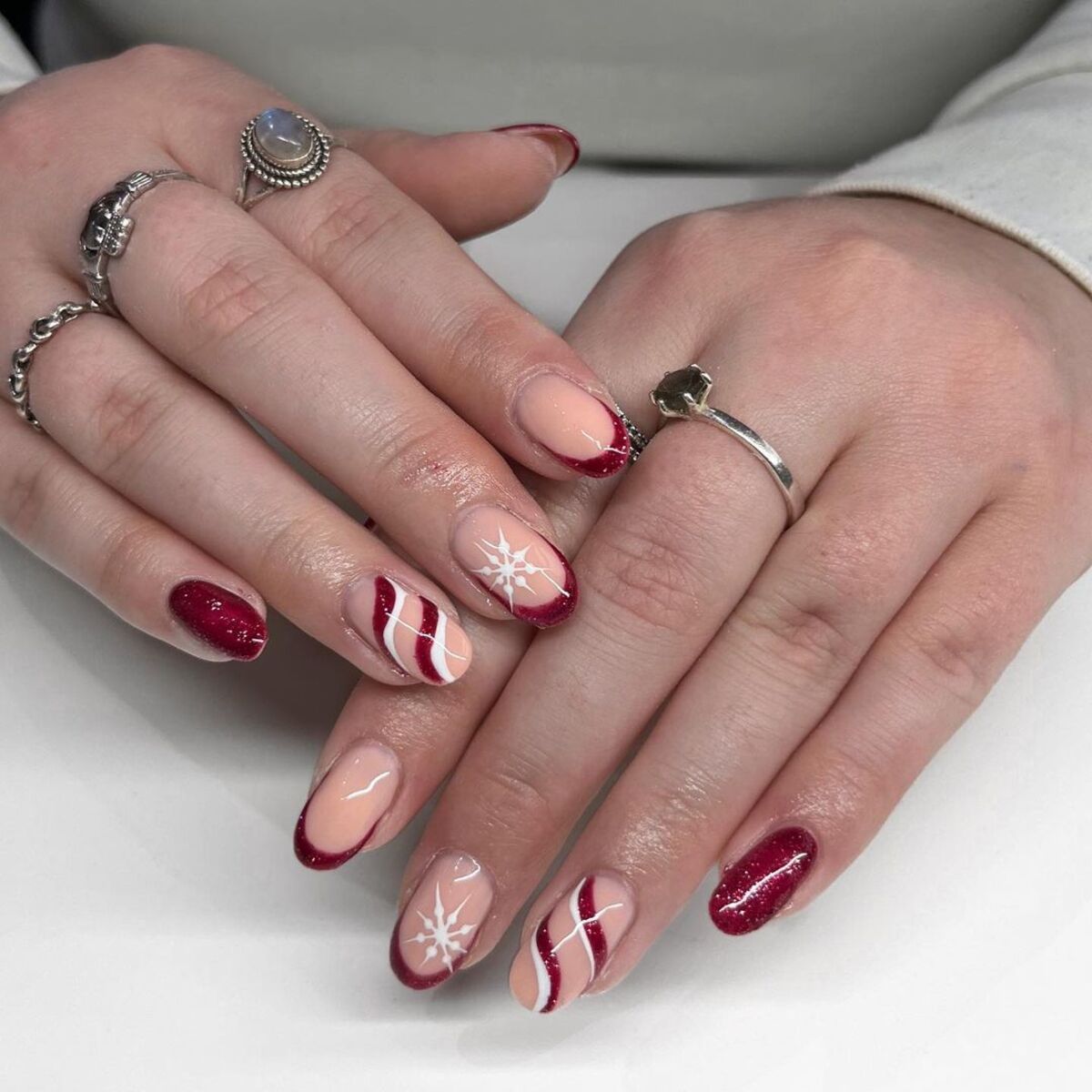 19. Elegant Red and White with Snowflakes and Stripes