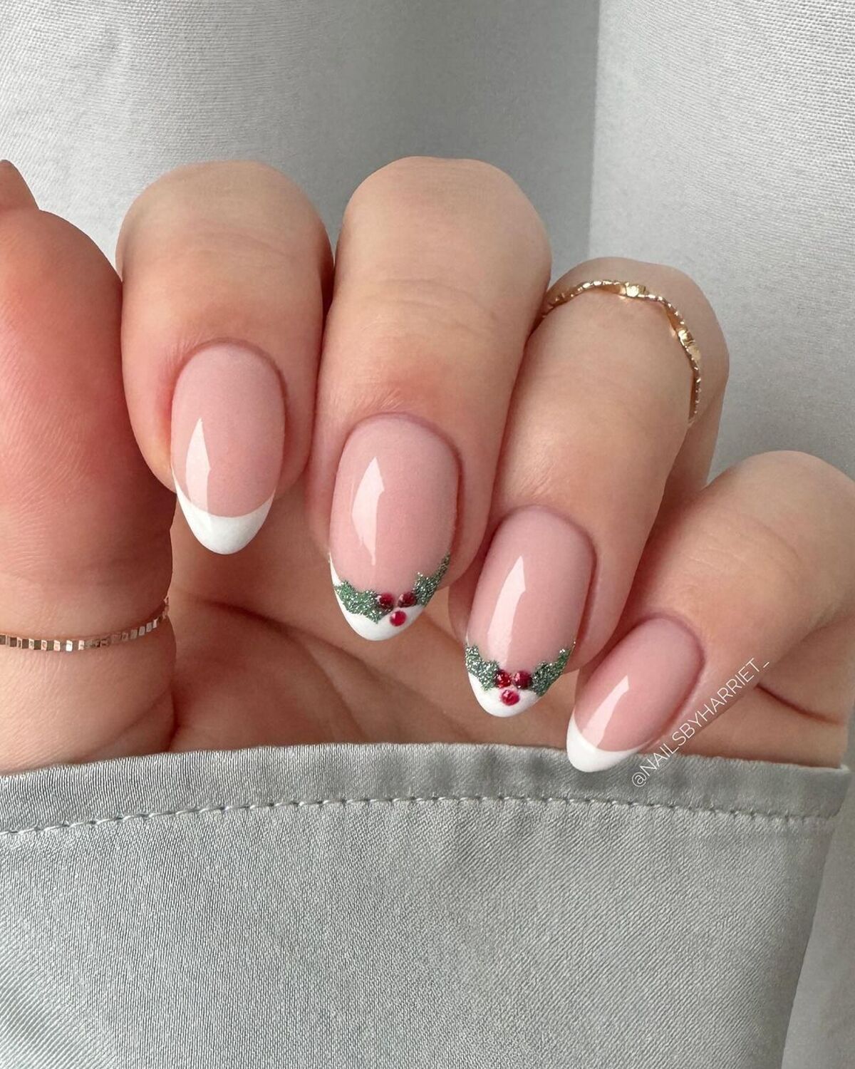 22. Elegant French Tips with Holly Accents