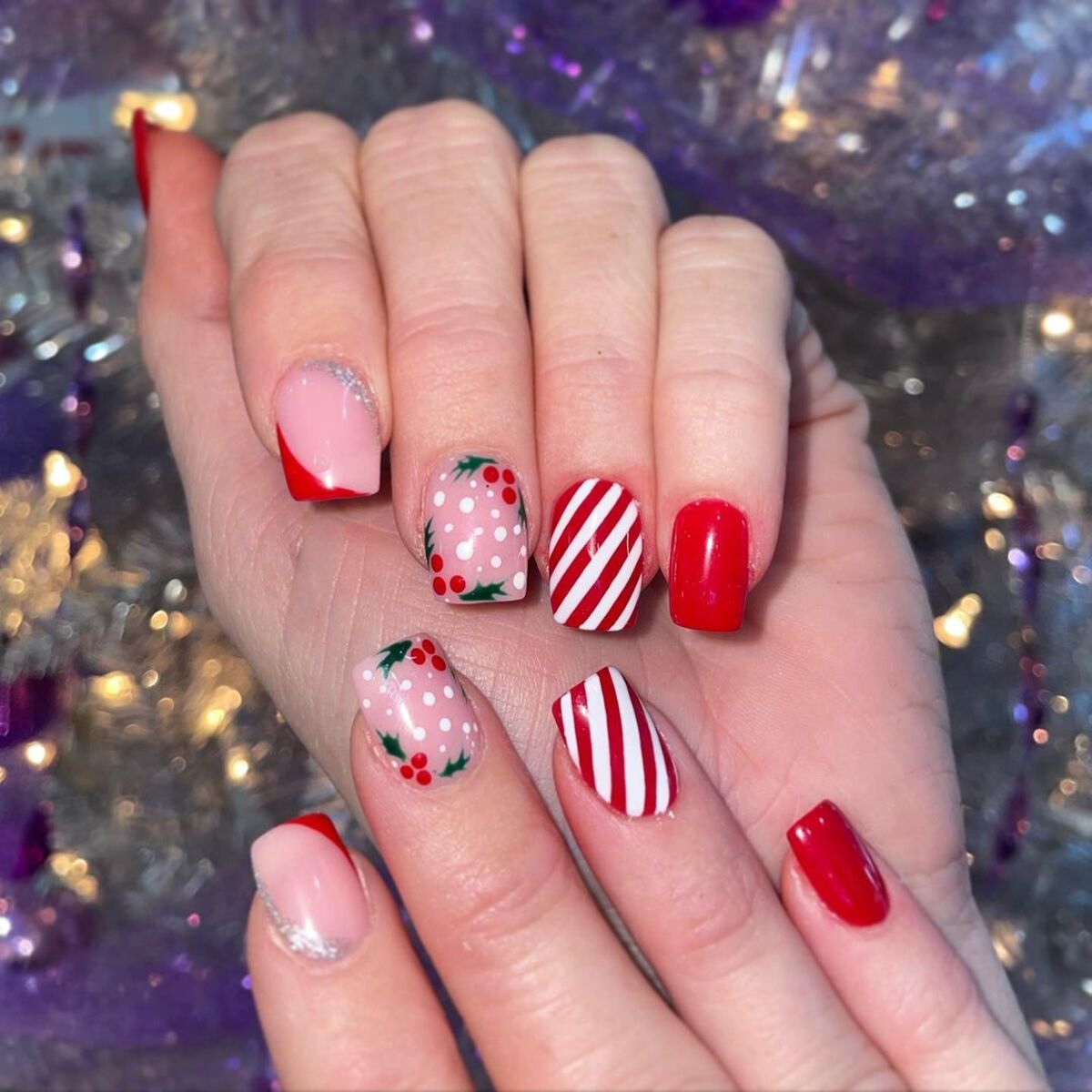 3. Classic Red and White Candy Cane and Holly Design