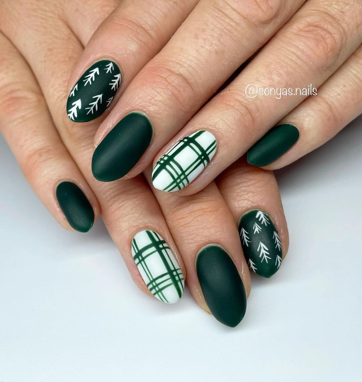 7. Matte Green Plaid with White Pine Tree Details