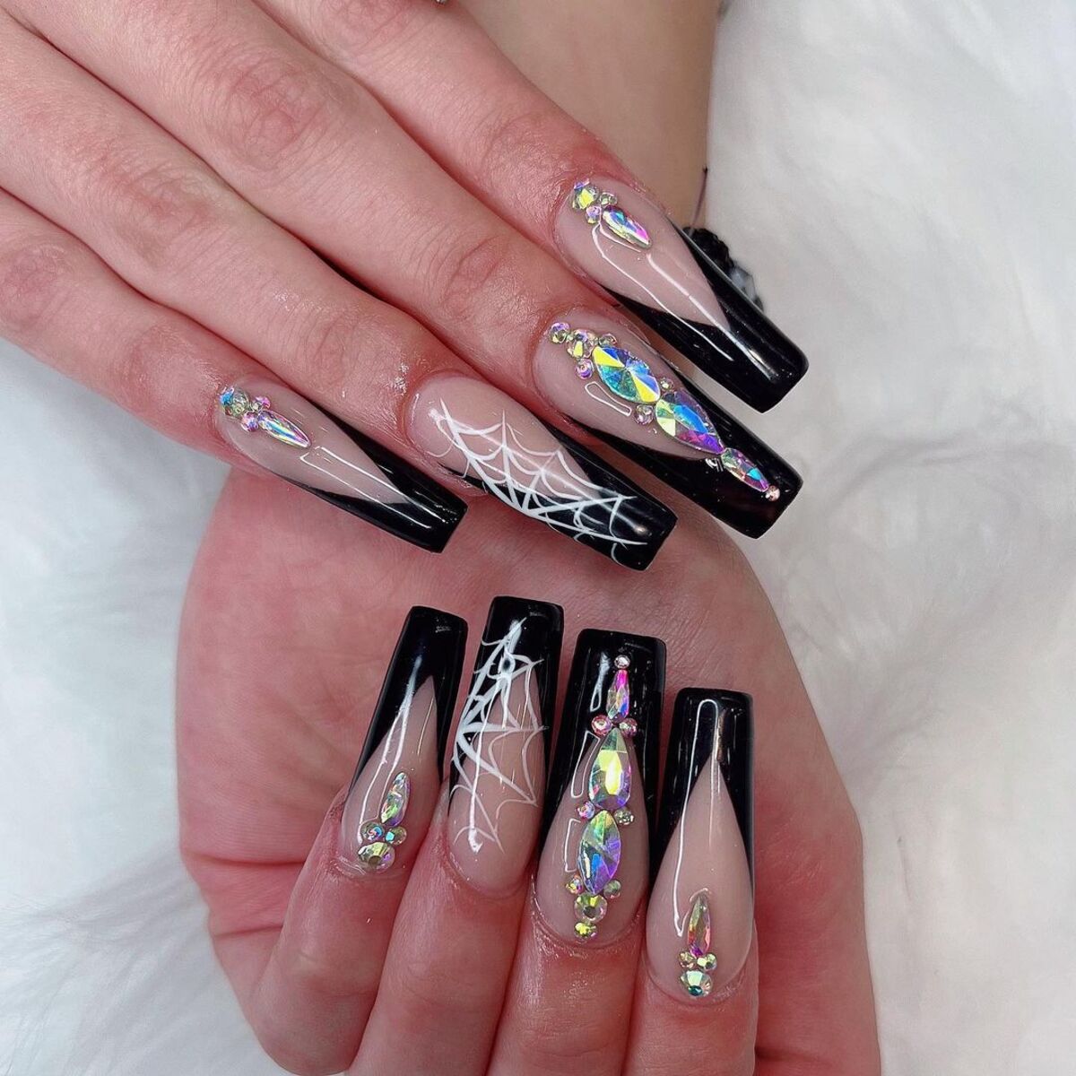 19. Elegant Spider Web Nails with Crystals