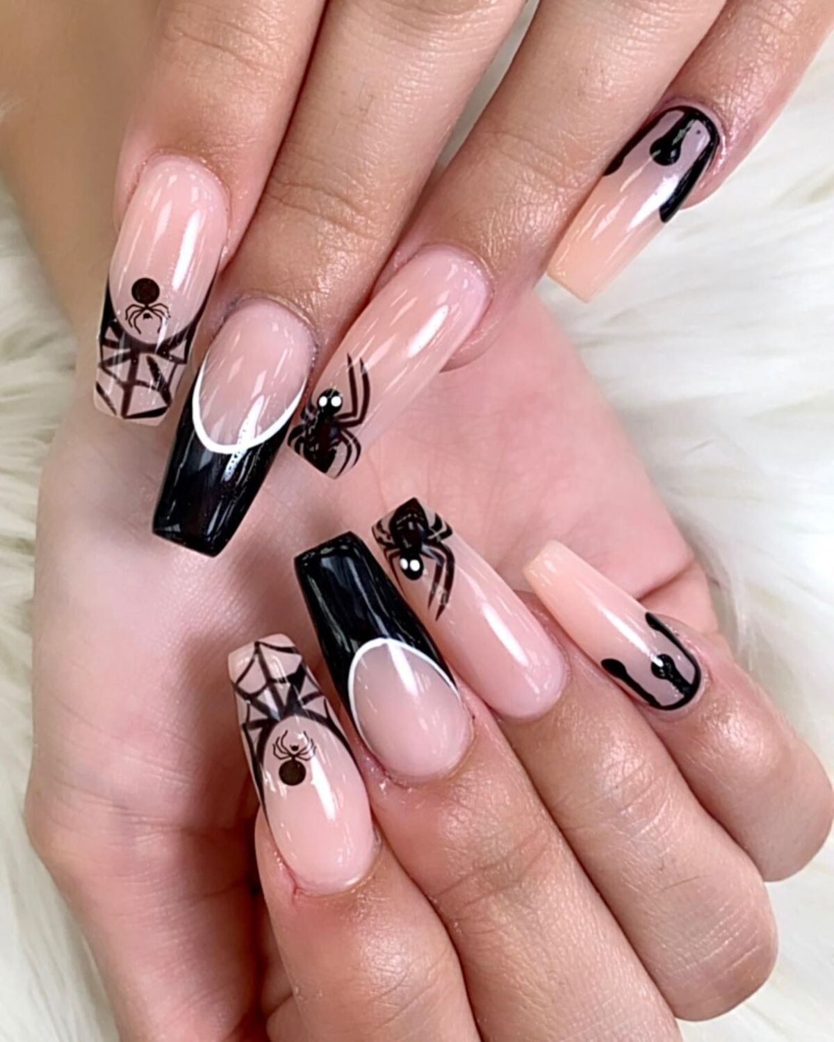 14. Black and Nude Spider Web French Tips