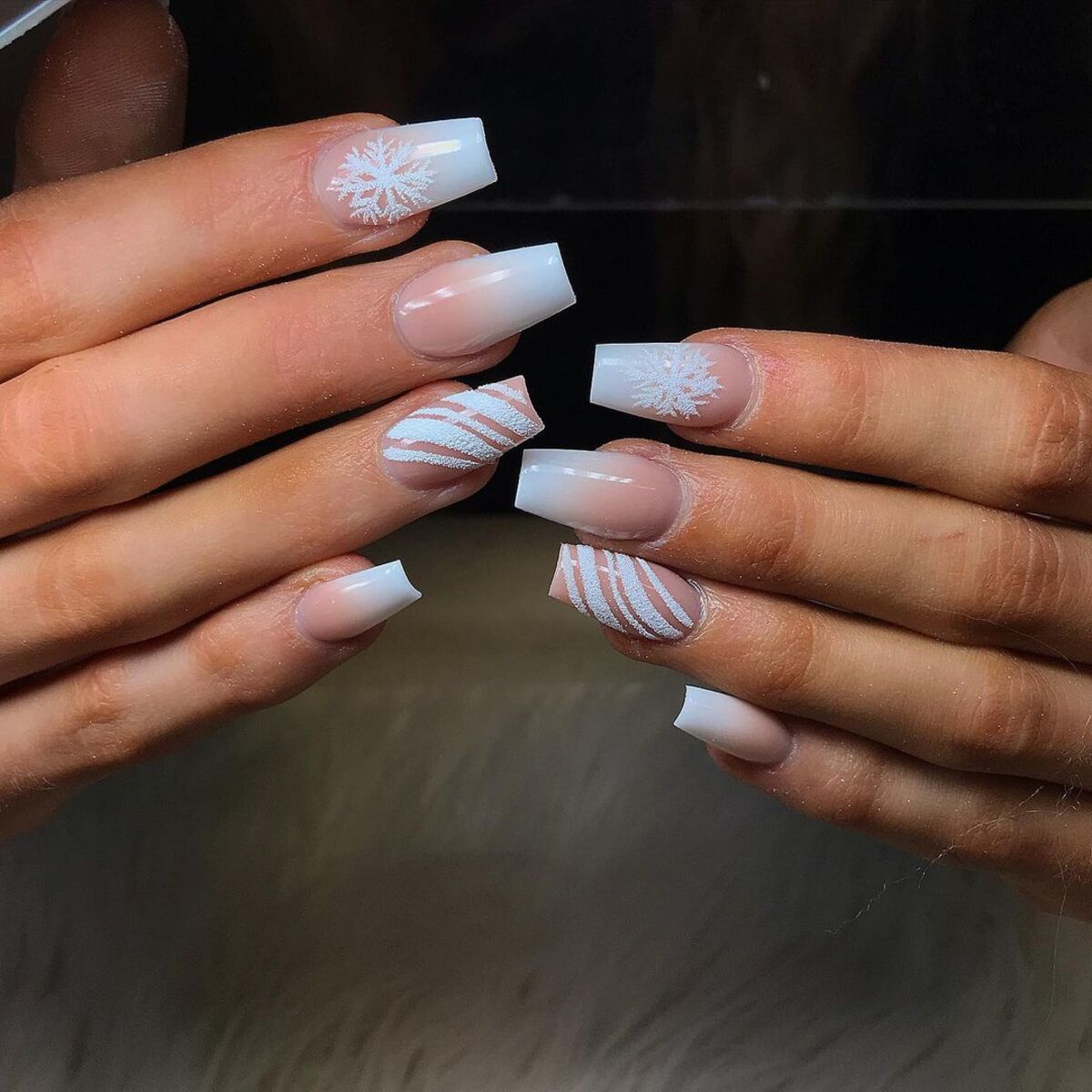 1. Frosty White Ombre with Snowflake Accents