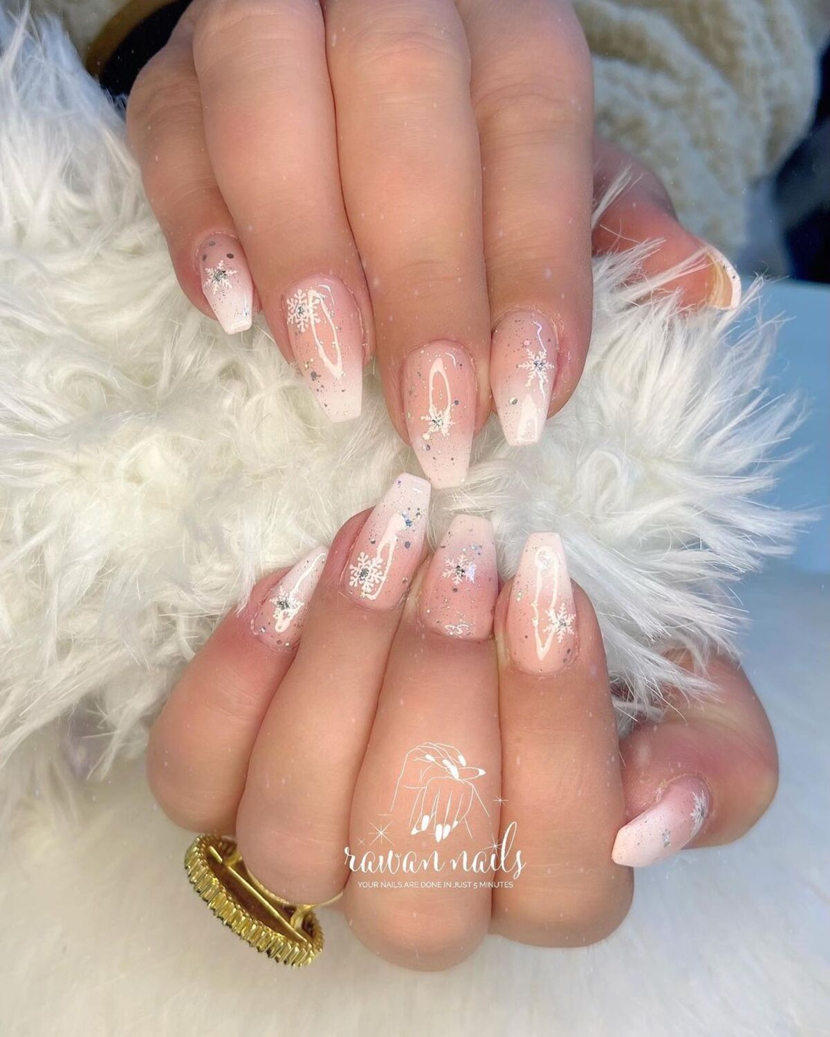 12. Soft Pink and White Ombre with Glittering Snowflakes