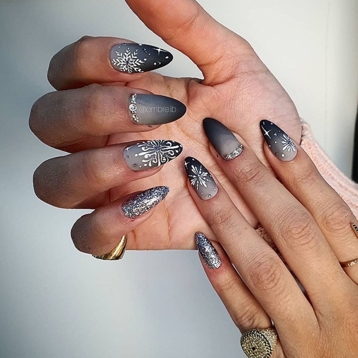 19. Midnight Black Ombre with Silver Snowflakes