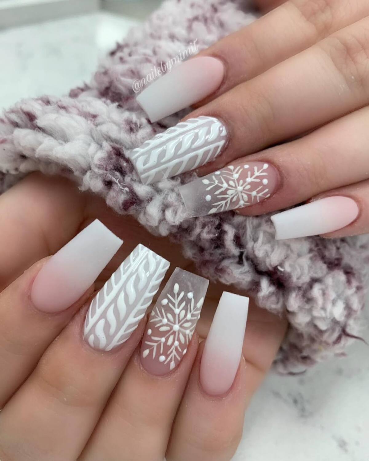 21. Cozy White Ombre with Snowflakes and Knit Design