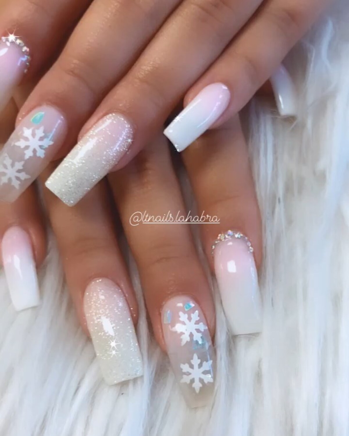 26. Soft Pink and White Ombre with Sparkling Snowflakes