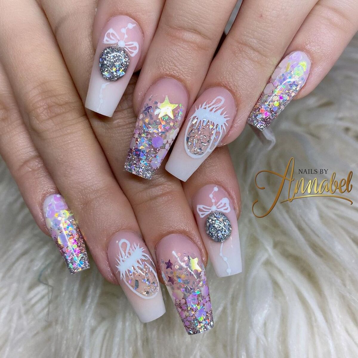 28. Glittering White Ombre with 3D Ornaments