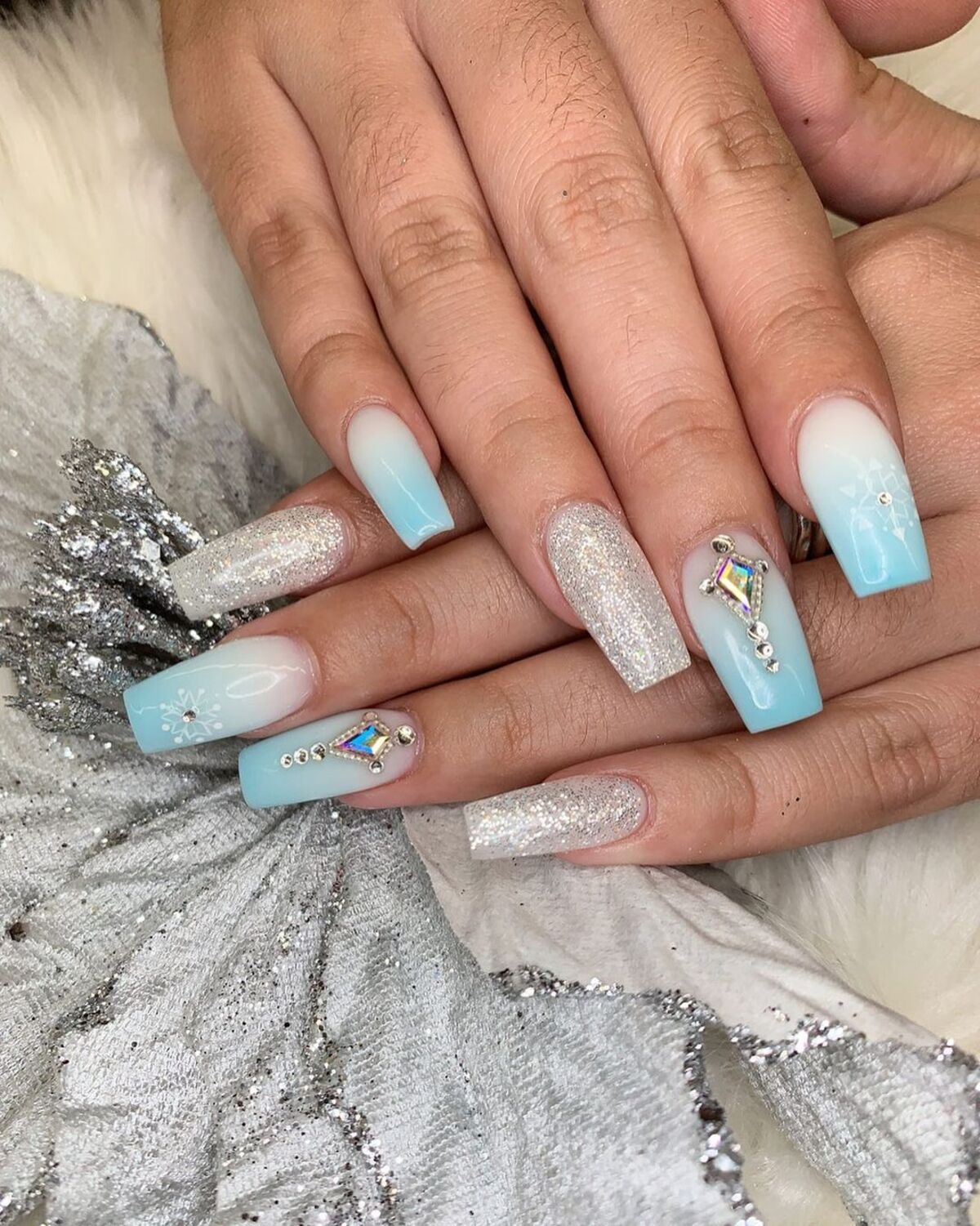 29. Frosty Blue and White Ombre with Crystal Accents