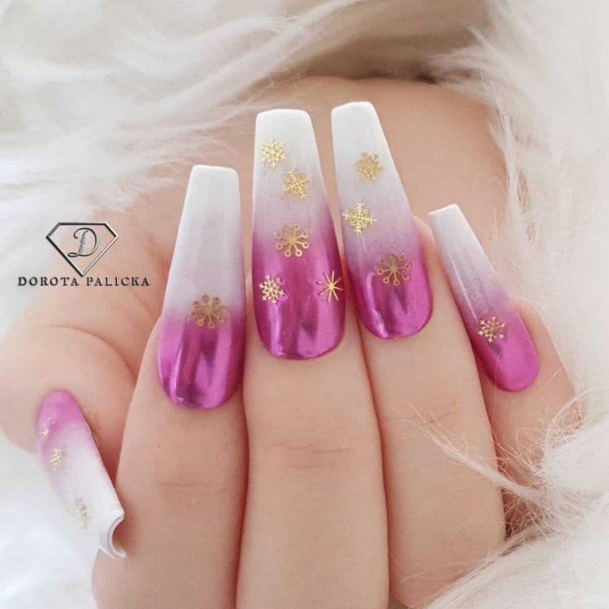 30. Metallic Pink and White Ombre with Gold Snowflakes