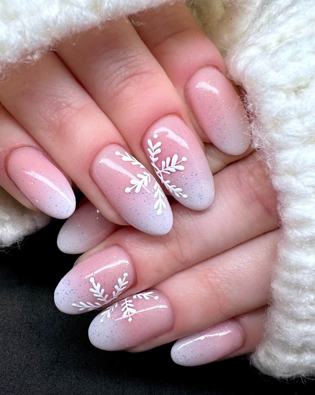 9. Icy White Ombre with Leafy Snowflake Designs