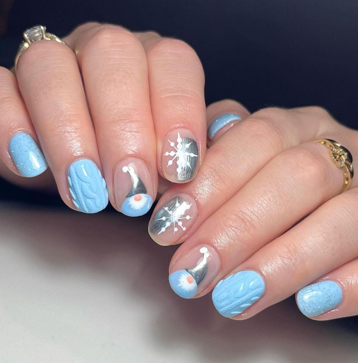 29. Light Blue Short Nails with Sweater Texture