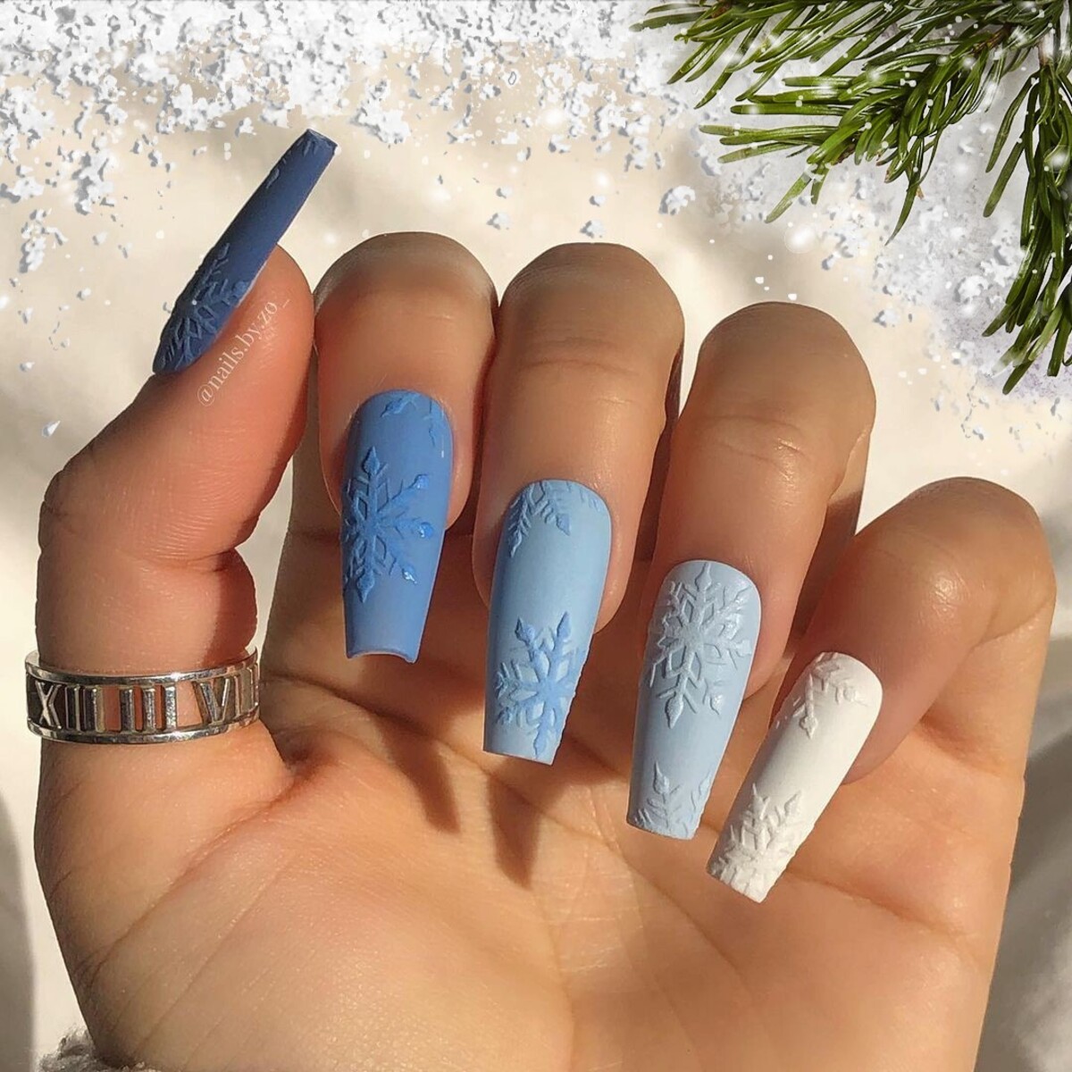 32. Matte Baby Blue Snowflake Embossed Nails