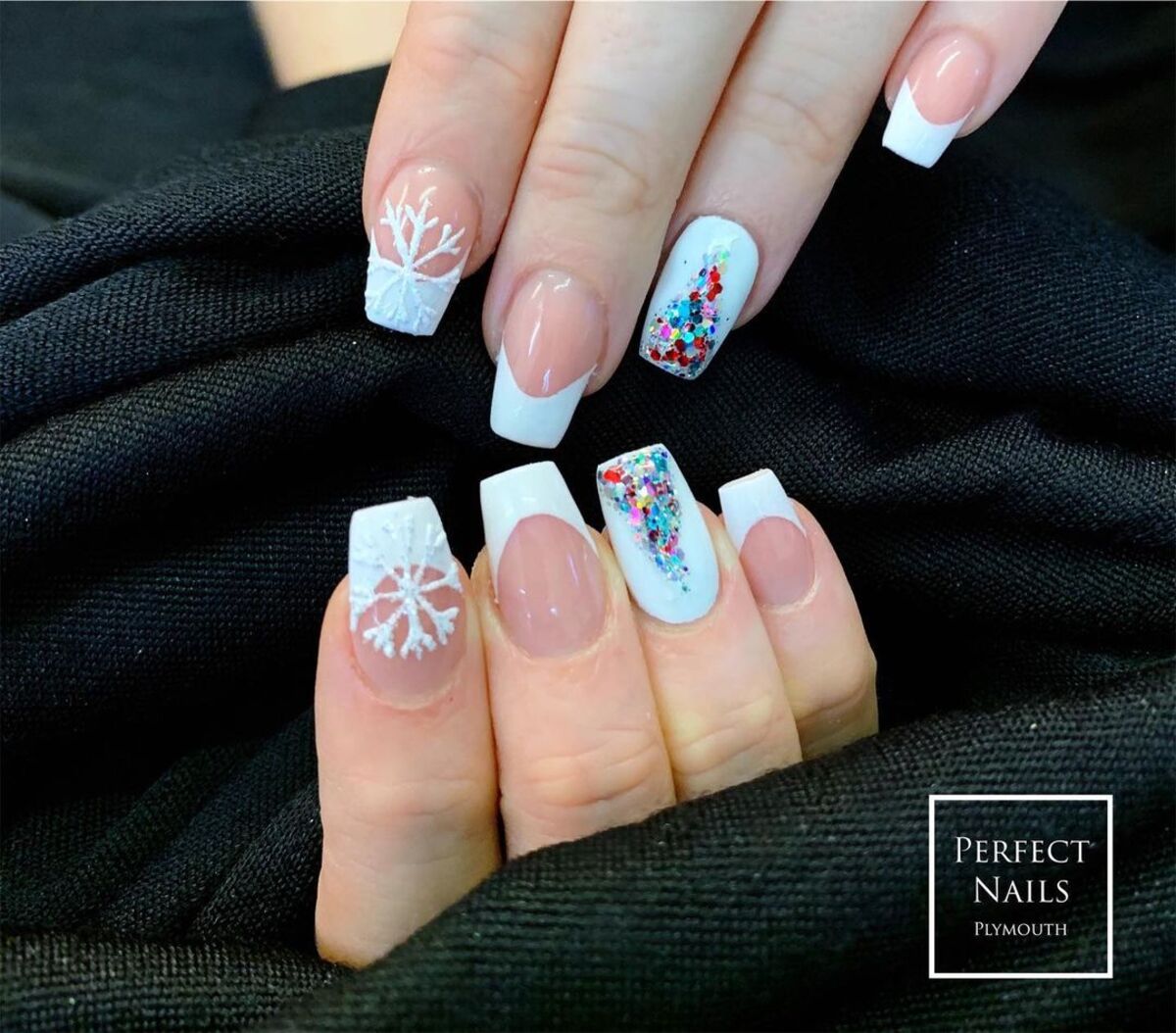 17. Glitter and Snowflake French Tips