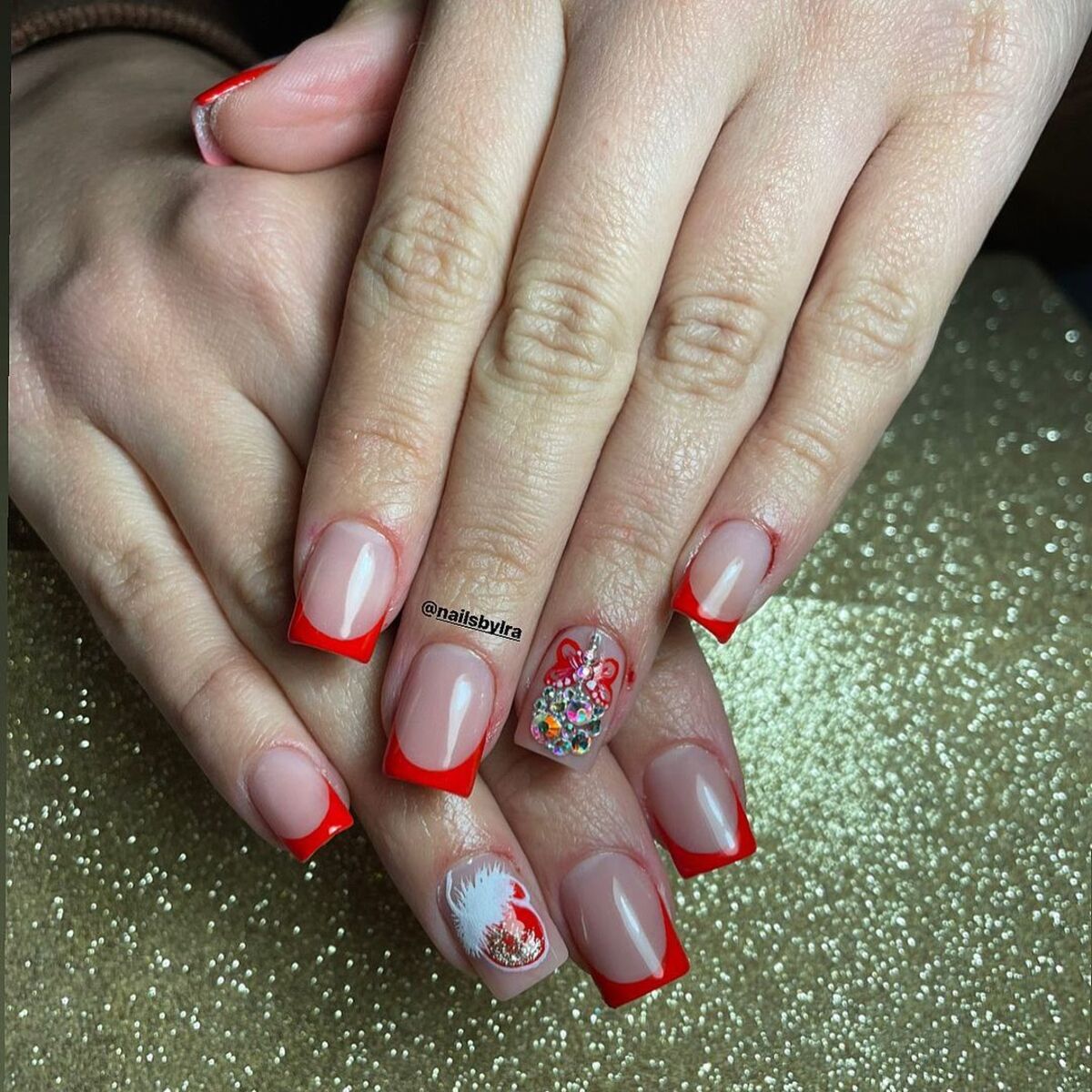 21. Festive Red French Tips with Christmas Bauble Accents