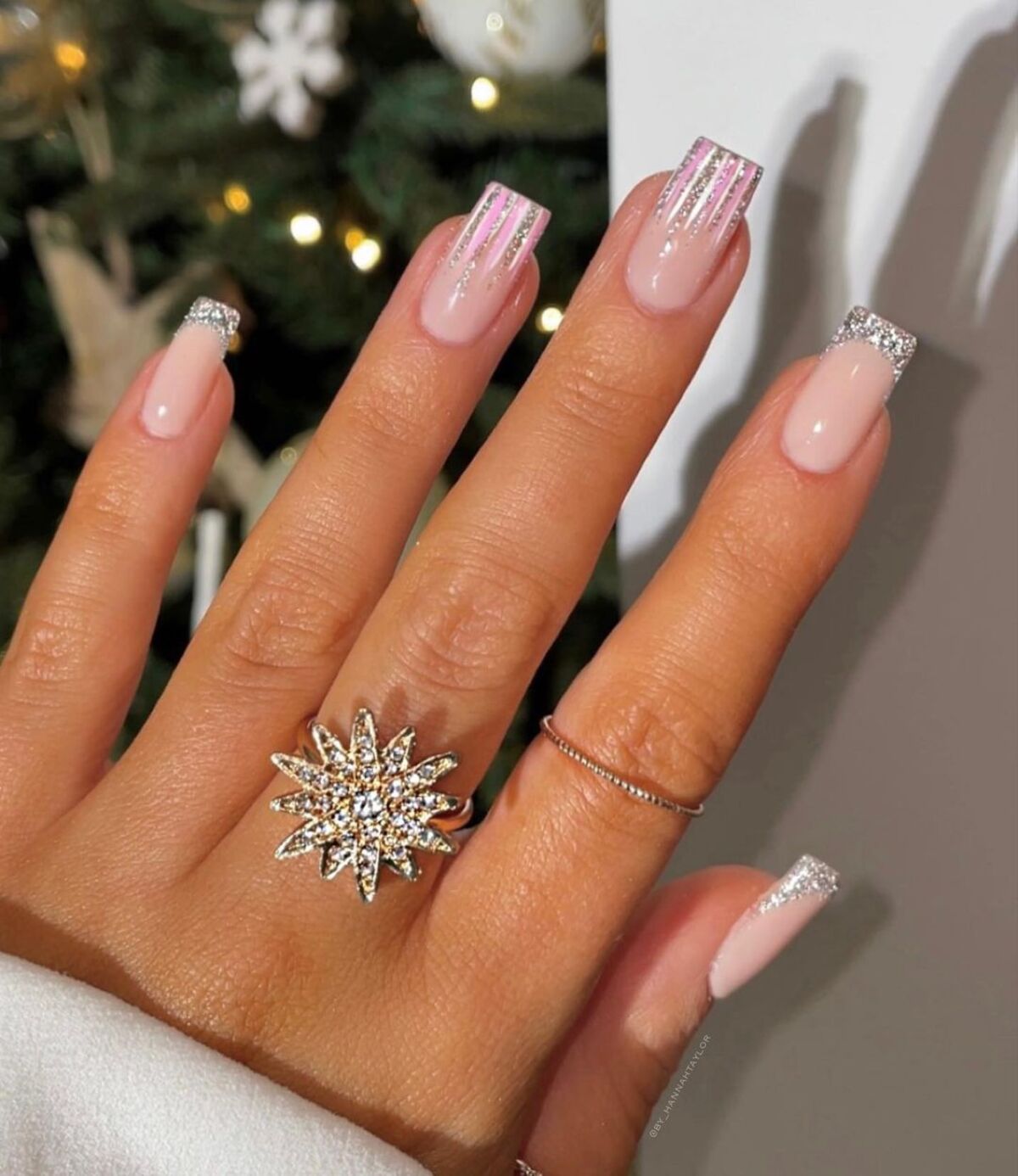 3. Glittering Silver and Pink French Tips