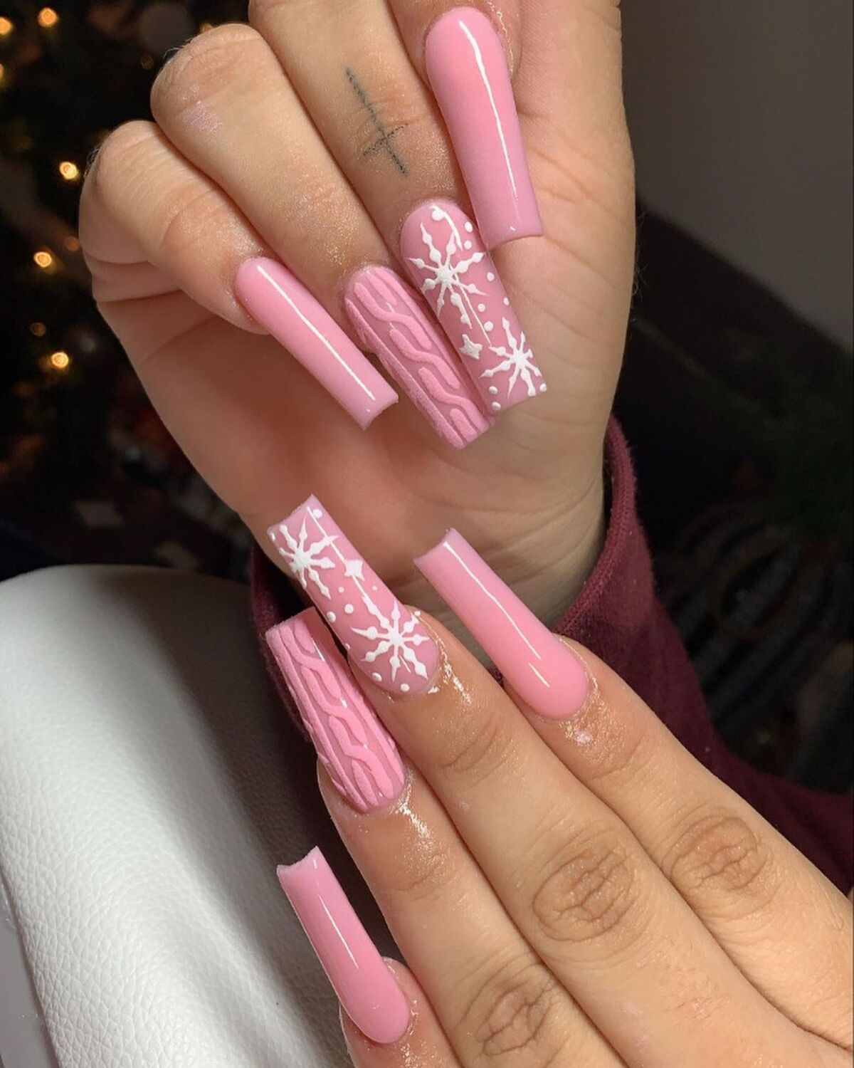 4. Long Pink Snowflake Coffin Nails