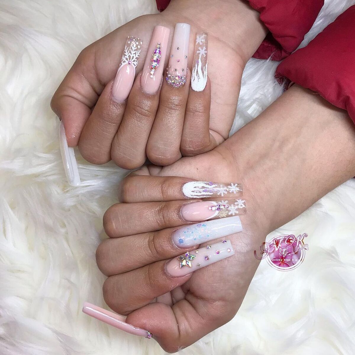 26. Snowy Nude Nails with Glittering Rhinestones