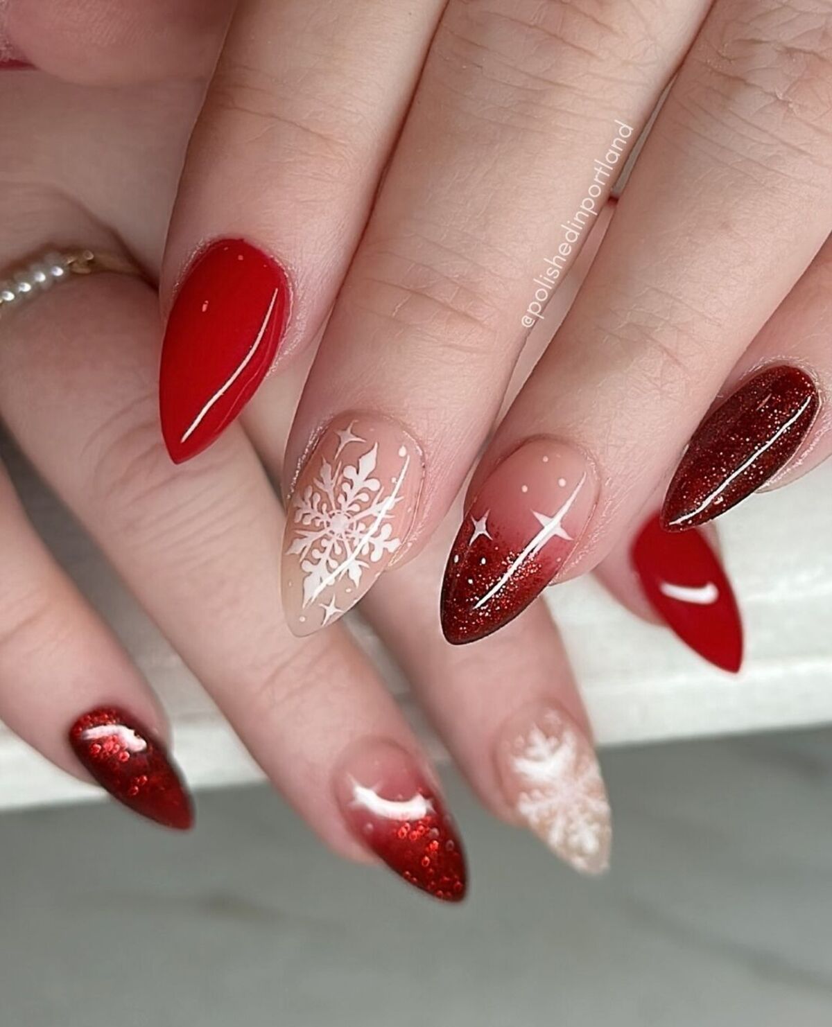 16. Red Glitter Ombre with Snowflakes