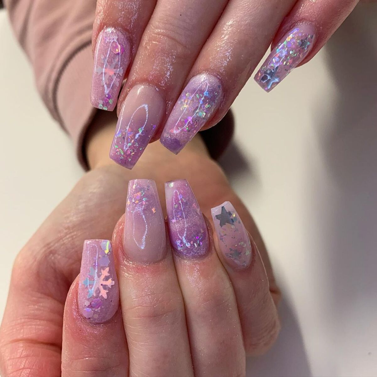 21. Soft Lilac Iridescent Snowflakes