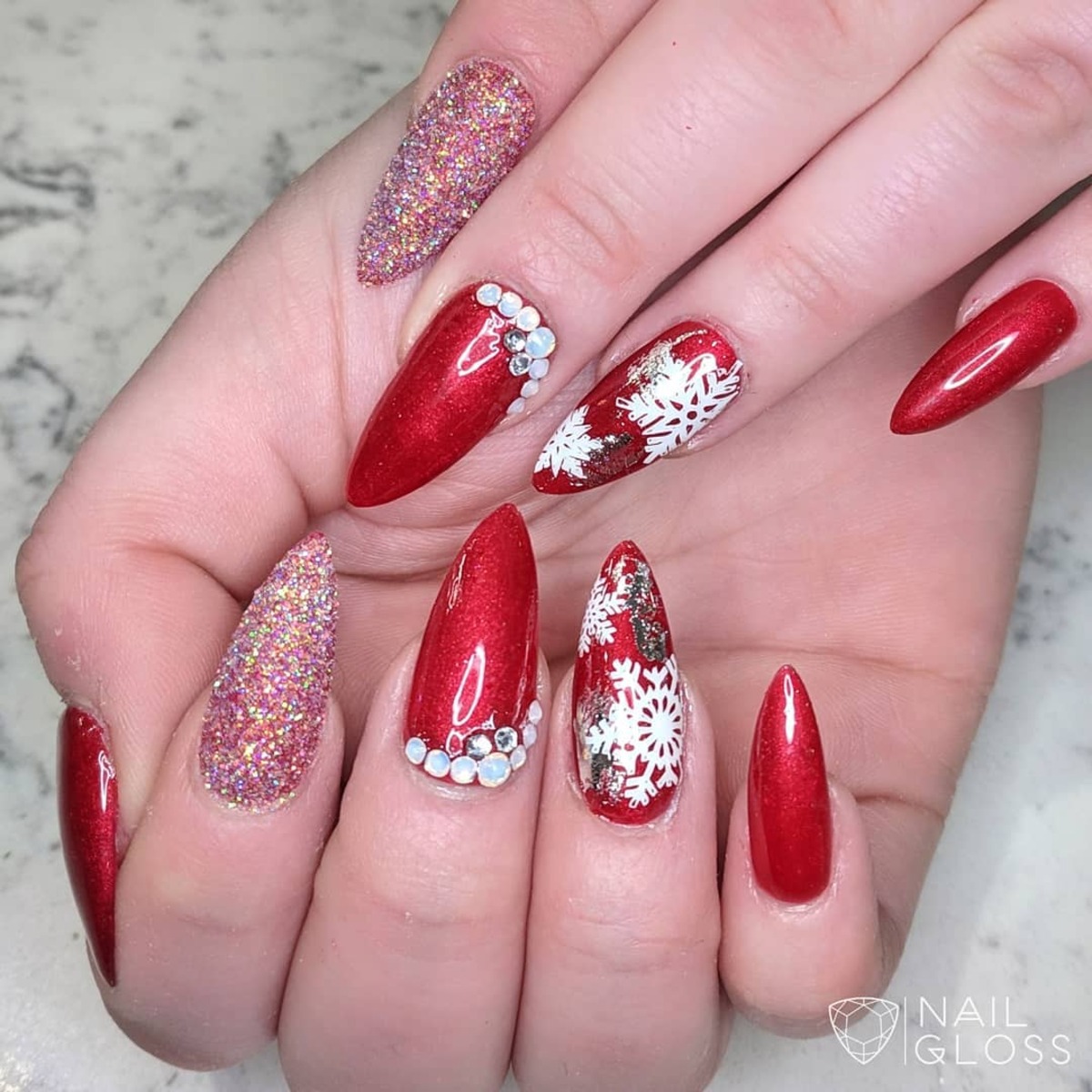 28. Glam Red with Glittering Snowflakes