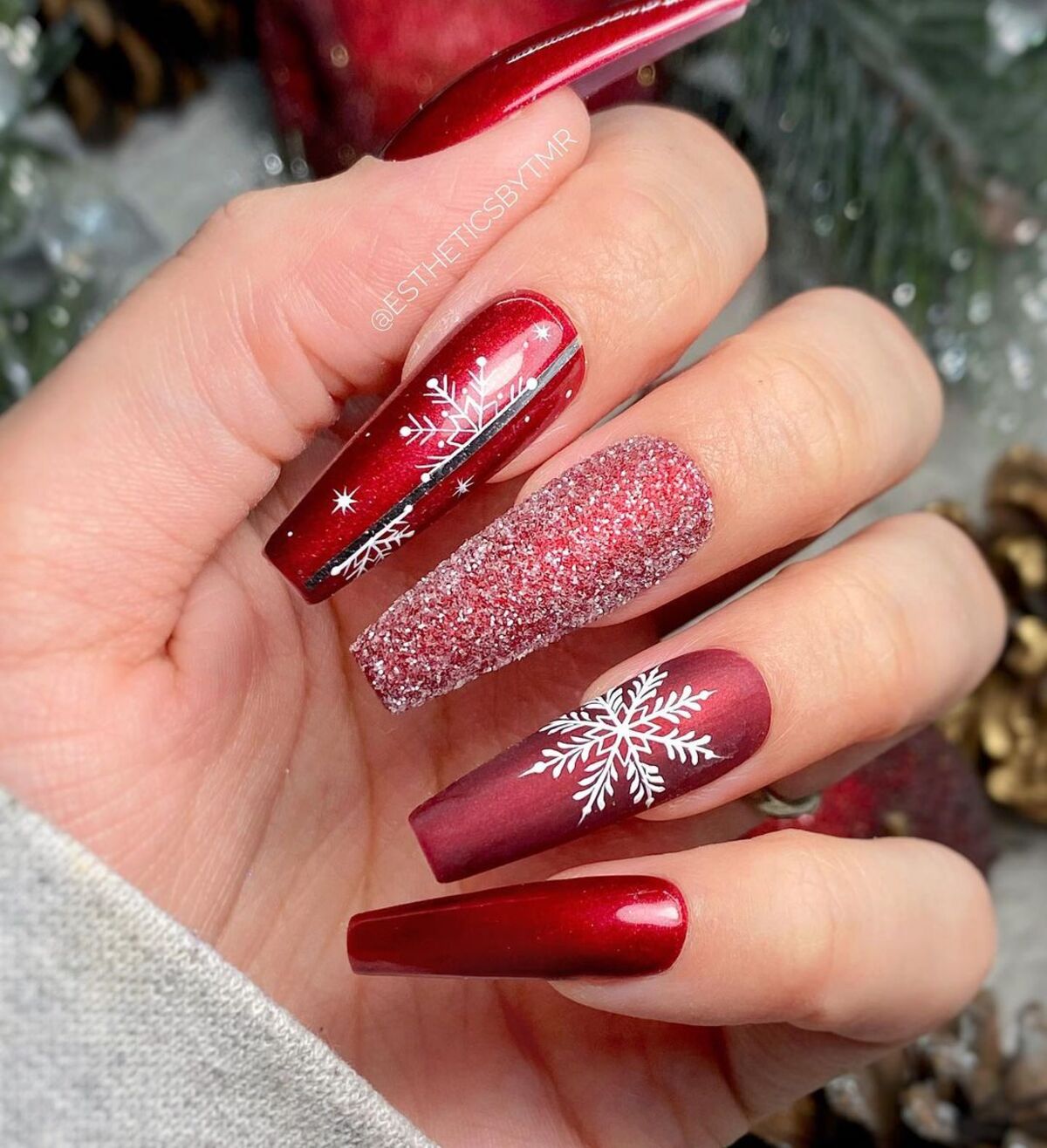 4. Bold Red and Glitter Snowflake Glamour