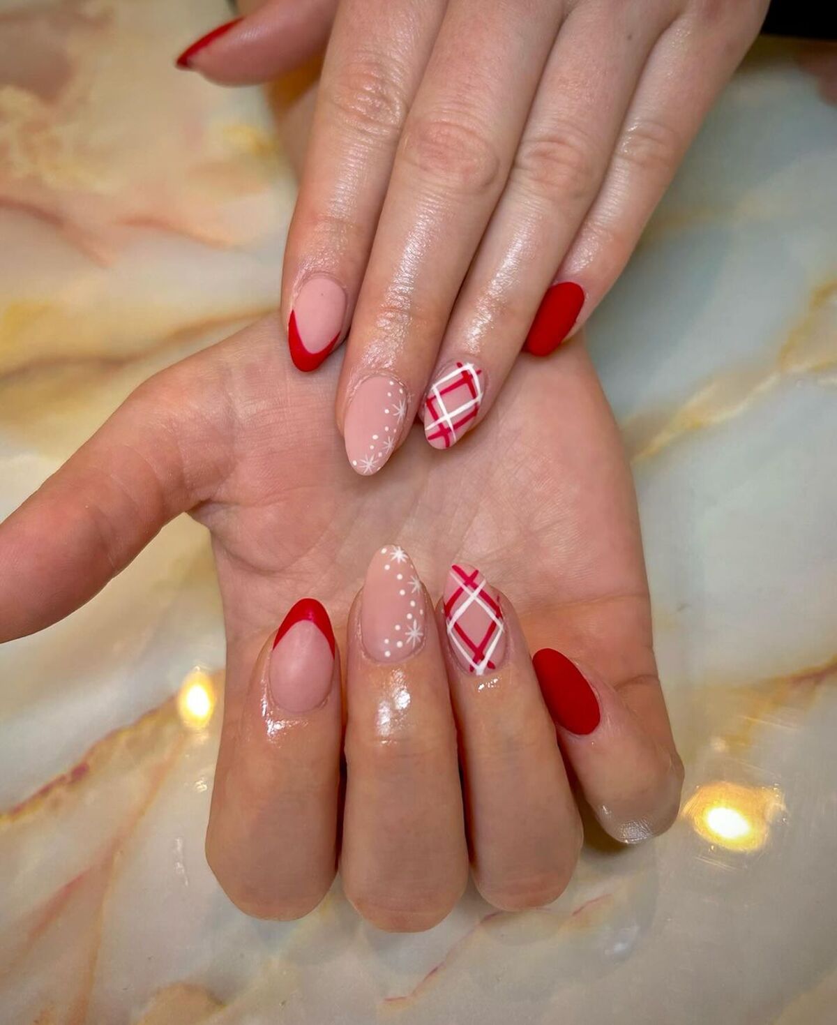 6. Red and Nude Mix with Subtle Snowflakes