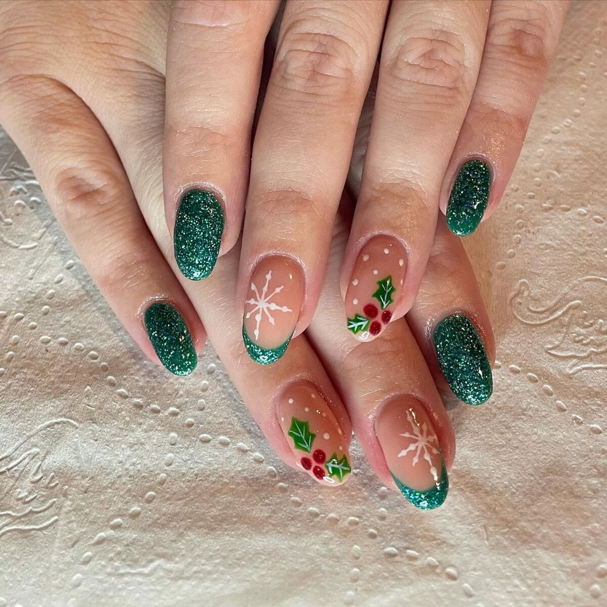 21. Glittery Green with Holly and Snowflakes