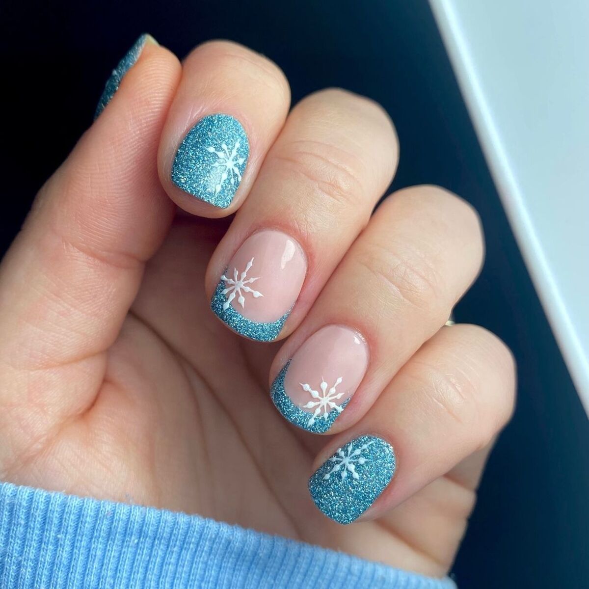 28. Icy Blue Glitter with Snowflake Accents