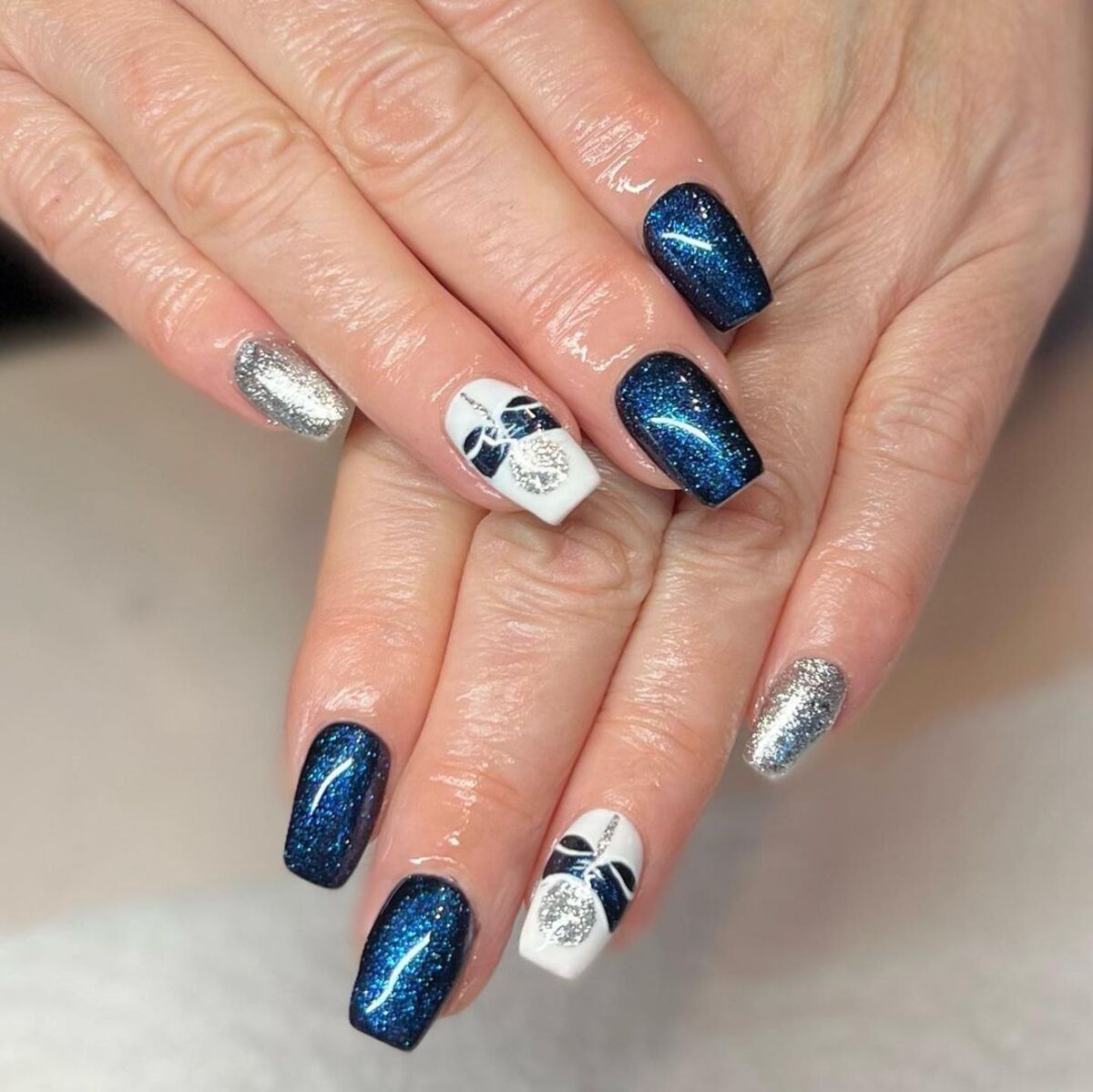 9. Midnight Blue with Silver and White Ornaments