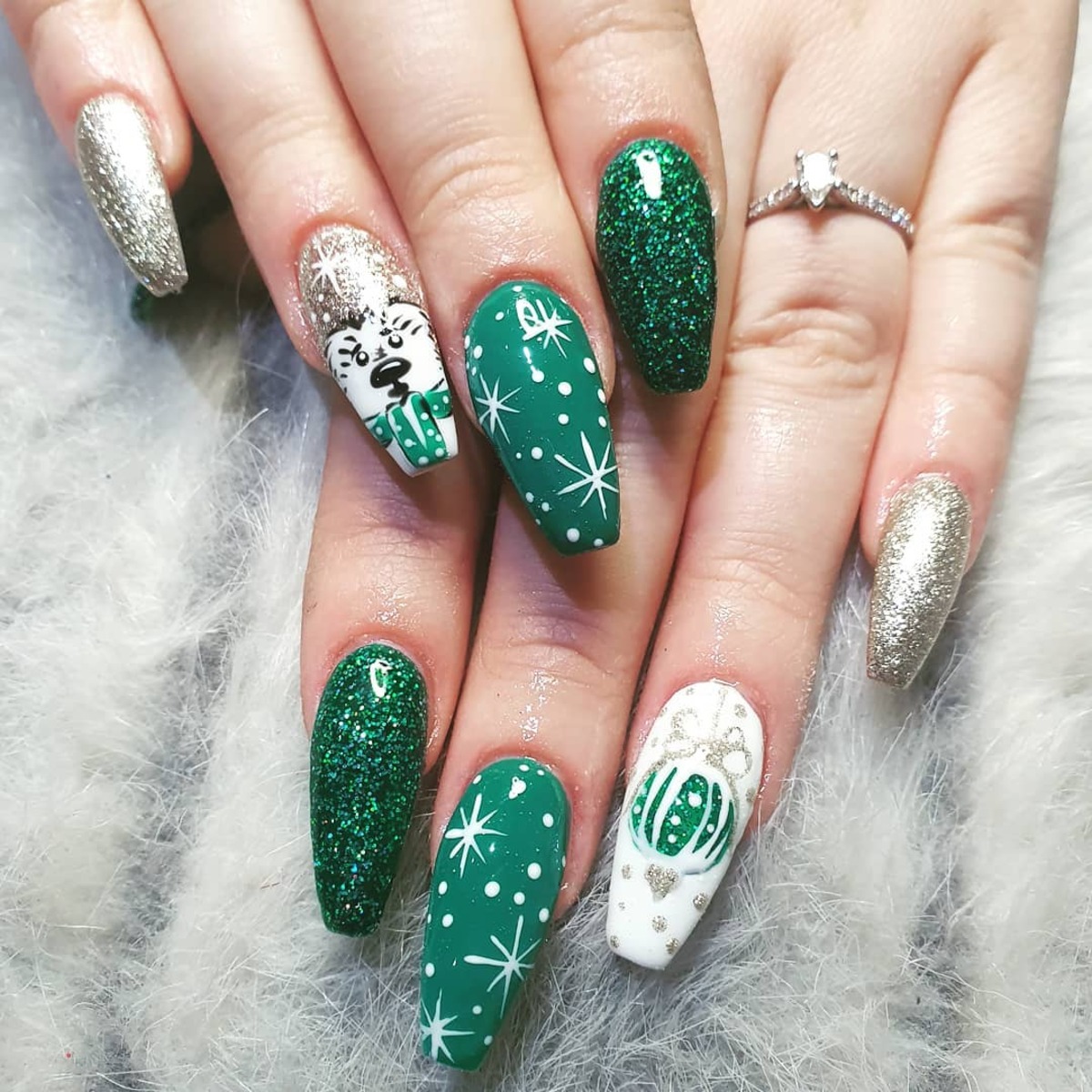 18. Glittering Green with Holiday Ornaments