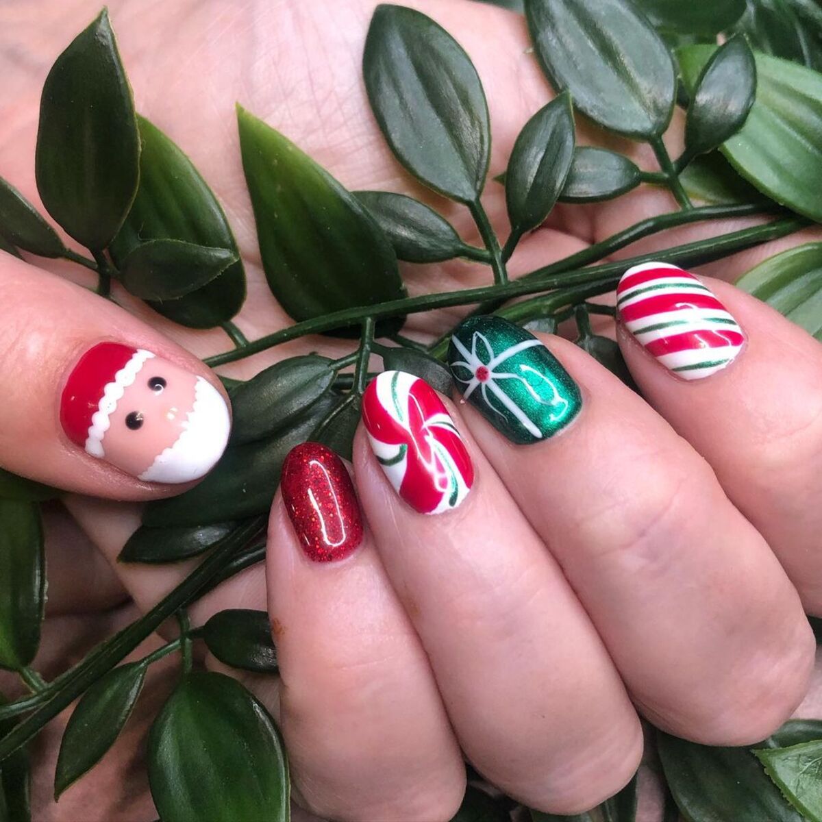 Candy Cane, Mistletoe, and Santa Nail Art