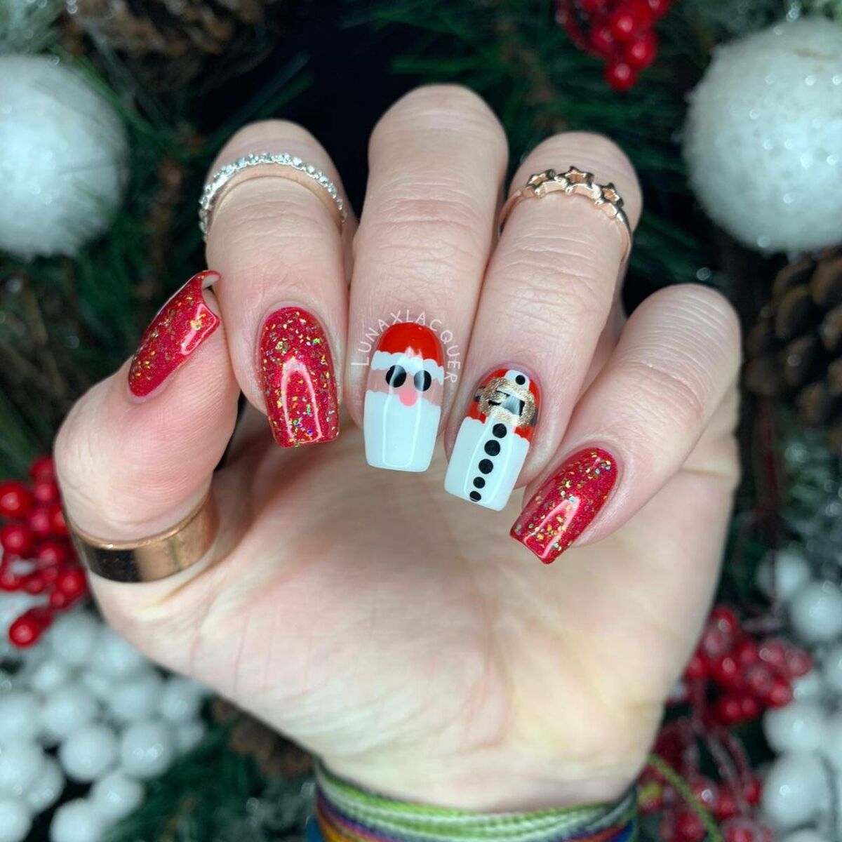 4. Sparkling Santa and Snowman on Red Glitter Nails